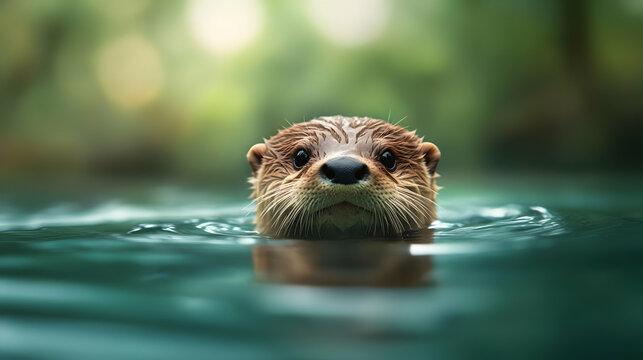 A close-up of an otter swimming in clear water, showcasing its inquisitive expression amidst a serene natural background.