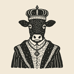 cow wearing renaissance era clothes and a crown, medieval style vintage portrait illustration