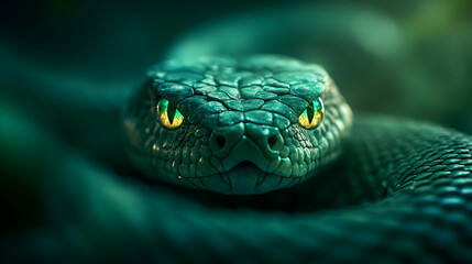 Fototapeta premium A close-up of a vibrant green snake, showcasing its intricate scales and striking yellow eyes, set against a blurred green background.