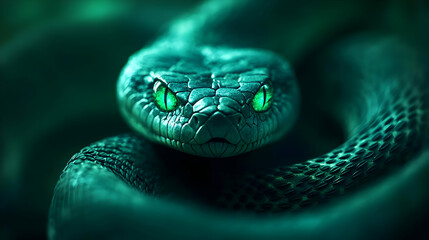 Fototapeta premium A close-up of a striking snake with vibrant green eyes, showcasing the intricate patterns and textures of its scales.
