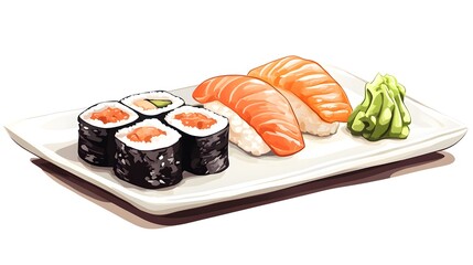 Sushi Delights: An artful arrangement of fresh, delectable sushi rolls and nigiri, featuring salmon and avocado, displayed on a minimalist plate.