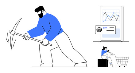 Large figure holding a pickaxe, screen displaying BTC chart, another figure with a smartphone and shopping cart. Ideal for finance, cryptocurrency, technology, e-commerce, digital marketing, data