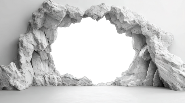 large hole in white stone wall isolated on transparent background with floor