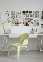 Obraz premium Modern workspace with yellow chair and inspiration wall