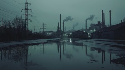Industrial Landscape with Reflections in Rainwater at Dusk