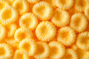 Fototapeta premium Spirally arranged cheese puffs with soft texture on a bright background for a colorful display