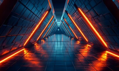 Futuristic corridor with triangular walls and orange lighting in dark blue color tones