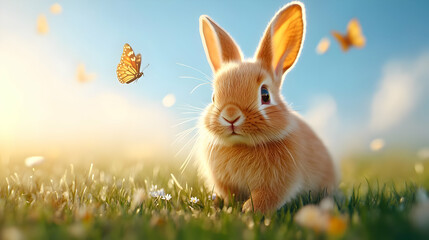 A cute rabbit in a vibrant meadow, surrounded by butterflies and blooming flowers, capturing the essence of springtime joy.