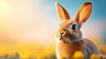 Obraz premium A cute rabbit sits among vibrant yellow flowers, soaking in the warm sunlight of a beautiful day in nature.