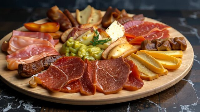  Platter of assorted cured meats and cheese on a wooden plate