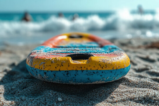 Boogey Board: A Colorful Boogey Board On A Sandy Beach, Waves Crashing In The Background, Sunny And Vibrant