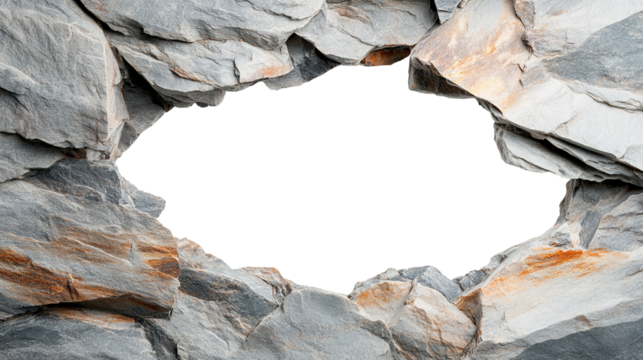large hole in granite wall isolated on transparent background