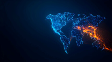 A digital map of the world illuminated with vibrant blue and orange lines, representing connectivity and global data flow.