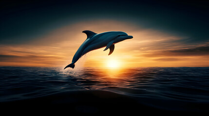 Fototapeta premium A dolphin leaps gracefully from the ocean's surface against a stunning sunset, showcasing nature's beauty and wonder.