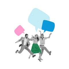 Conceptual art collage. Workers jumping energetically, surrounded by floating speech bubbles, representing excitement, collaboration, and vibrant communication. Concept of business, teamwork, ideas.
