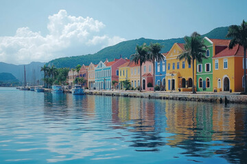 Obraz premium Colorful Colonial Buildings In Christiansted, Caribbean Harbor, Palm Trees, Vibrant Tropical Light