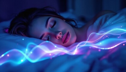 A woman sleeps peacefully amid glowing neon dreamscape, a visual representation of rejuvenation, circadian rhythms, brain cycles, flowing energy waves in the foreground. Insomnia treatment concept