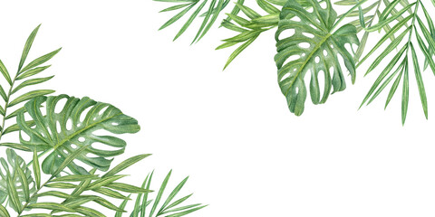 Watercolor tropical green palm and monstera leaves horizontal rectangle border isolated background. Summer foliage frame with copy space for text. Floral illustration for greeting card, invitation