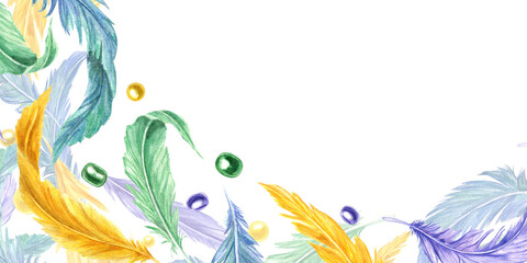 Watercolor bird feathers, beads in Mardi Gras carnival colors border with empty space for text. Colorful natural plume illustration isolated background. For holiday greeting cards, invitation © Masha_tolk_art