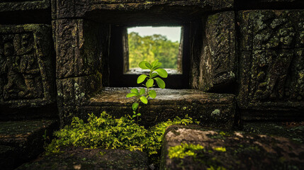 Green plant growing through ancient stone ruins with lush jungle in the background