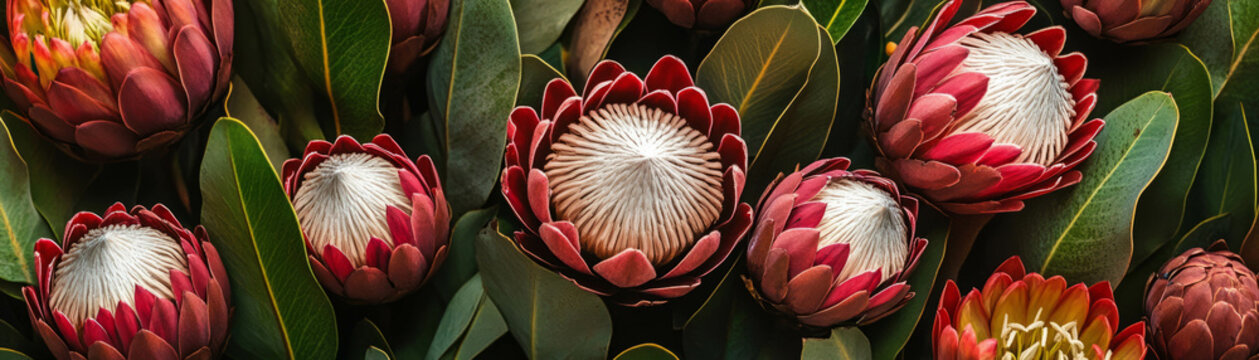 Circular arrangement of simplified proteas with radiant African motifs against bright background