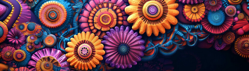 Naklejka premium Circular arrangement of colorful stylized flowers with African patterns on a bright banner backdrop