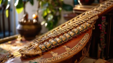 Ornate South Asian Stringed Instrument in Sunlight