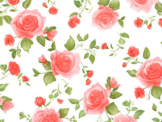 Seamless Watercolor Floral Pattern with Pink Roses and Green Leaves