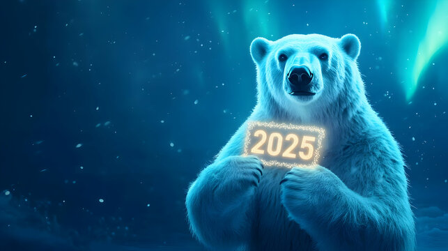 A majestic polar bear holds a sign reading '2025' under the mesmerizing northern lights, symbolizing hope and change for the future.