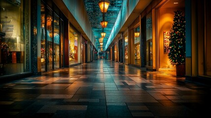 Fototapeta premium Serene Night Walk in a Stylish Shopping Arcade with Christmas Decor