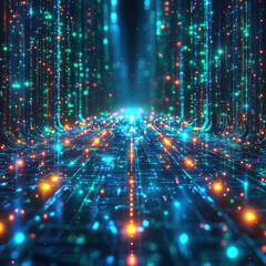 Obraz premium Digital data stream, flowing binary code, futuristic technology background