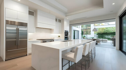 Fototapeta premium A modern kitchen interior featuring sleek appliances, minimalist design, and natural light, perfect for contemporary living.