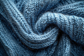 Close-up of twisted blue knitted fabric, ideal for textile or winter backgrounds