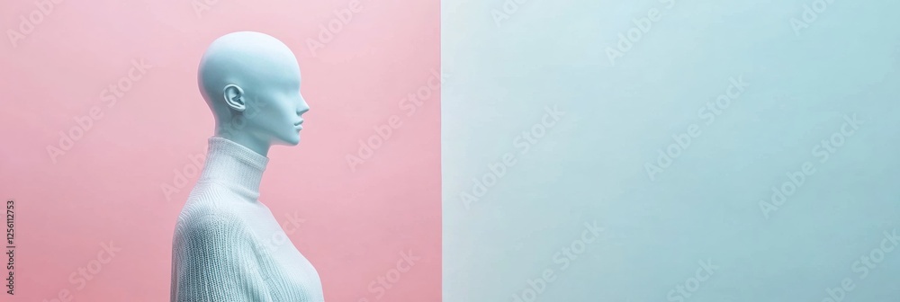 Poster stylish mannequin displays modern apparel against a pastel background in a bright setting with space