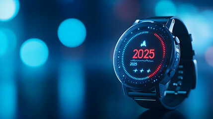 A modern smartwatch displaying 2025, showcasing advanced features with vibrant lighting effects in a sleek, futuristic design.