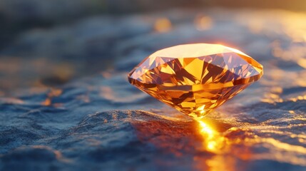 A close-up of a radiant orange diamond on a textured surface, glowing softly with brilliant light reflections.