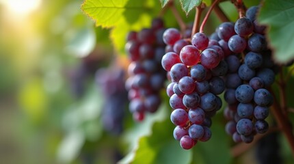 A close-up view of a grape vine with glistening, ripe grapes hanging from the branches, showcasing their rich purple color