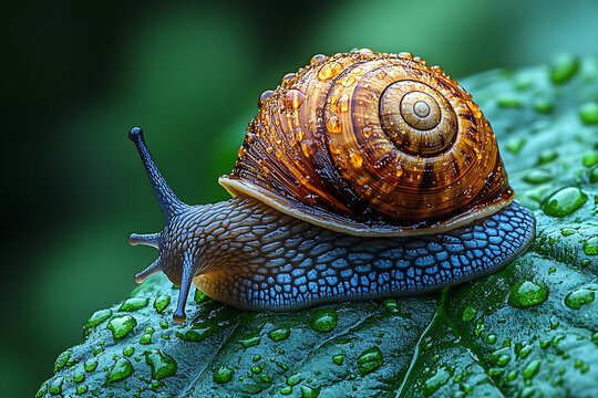 A macro shot of a snail crawling on fresh green leaves, capturing intricate details of its textured shell and delicate body. 