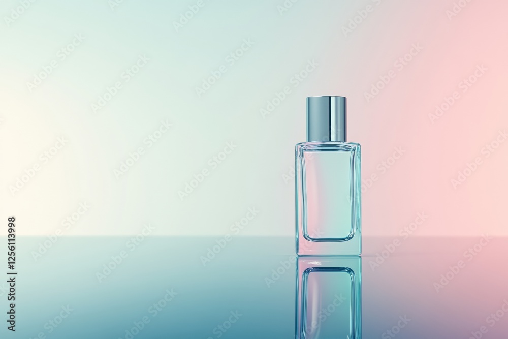 Poster Sleek cosmetic bottle with reflective surface and pastel toned background ideal for product display or branding text. Generative AI