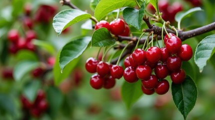 A lush cherry tree laden with ripe, red cherries, surrounded by vibrant green leaves