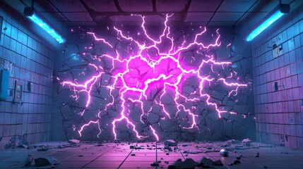 Dramatic lightning striking a cracked wall in a futuristic setting.