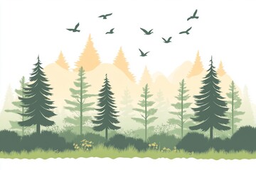 Fototapeta premium Scenic illustration of a dense forest with tall evergreen trees, distant mountains, and birds flying in the sky, symbolizing wilderness conservation and the International Day of Forests