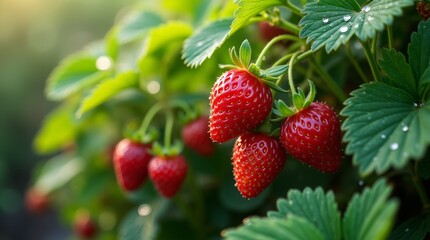 A realistic close-up of a lush strawberry bush with ripe red strawberries nestled among vibrant green leaves