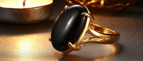 Obraz premium Elegant gold ring with black stone jewelry display studio close-up luxury design