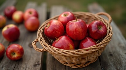 A realistic close-up of a woven basket filled with fresh, shiny red apples, placed on a rustic wooden table