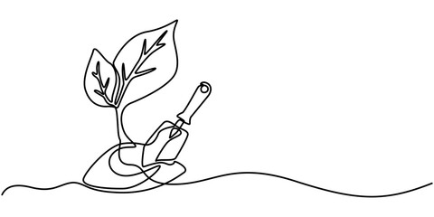 small trees shovel icon continuous one line drawing, House Plant Single Line Drawing  with Editable Stroke, Landscaping Icon, Tree Planting Black Stroke Linear Icon, Thin Line Style Shovel pro vector.