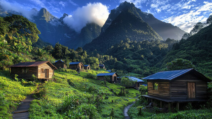 Serene mountain village at dawn, surrounded by lush greenery and majestic peaks