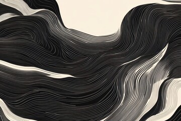 contemporary minimalist wave pattern in stark black and white, flowing rhythmically with japanese-inspired curves and precise linework