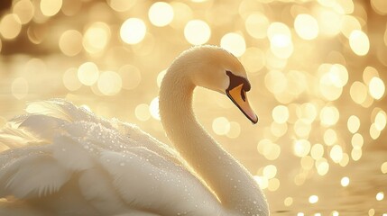 Fototapeta premium A graceful swan with water droplets glistening on its white feathers, set against dreamy golden bokeh winter lights.
