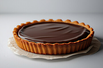 Delicious chocolate tart with a golden crust sits invitingly on parchment paper against a plain backdrop.